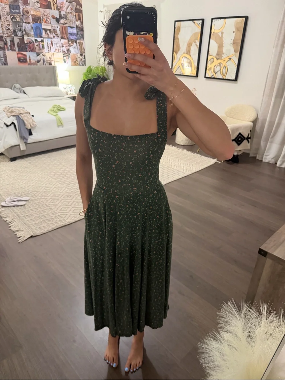 Reformation Dark Green Speckled Tie-Shoulder Midi Dress - Picture 3 of 3